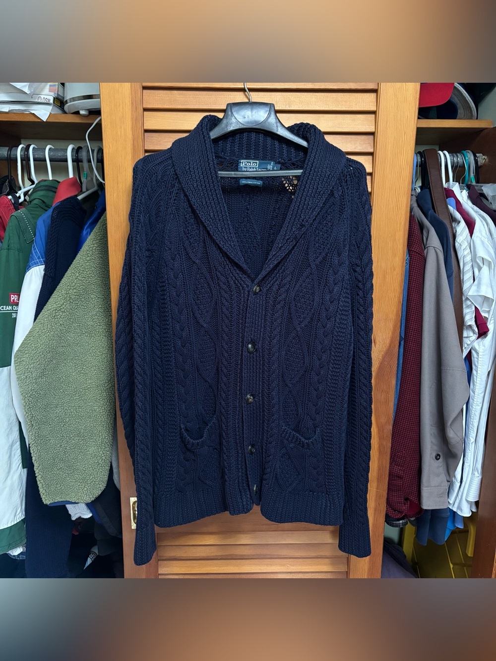 Vintage Polo Ralph Lauren Chunky Cable Knit Cardigan Shawl Fisherman Sweater L